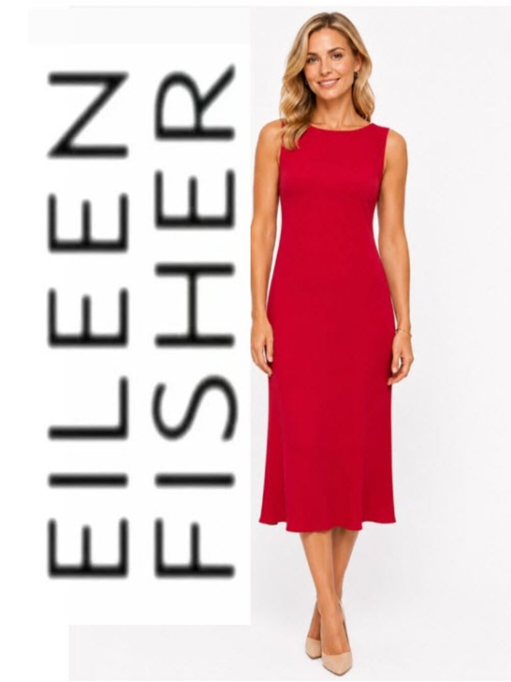 Eileen Fisher Red Silk Midi Dress Sleeveless Crimson Petite Small Chic Cocktail